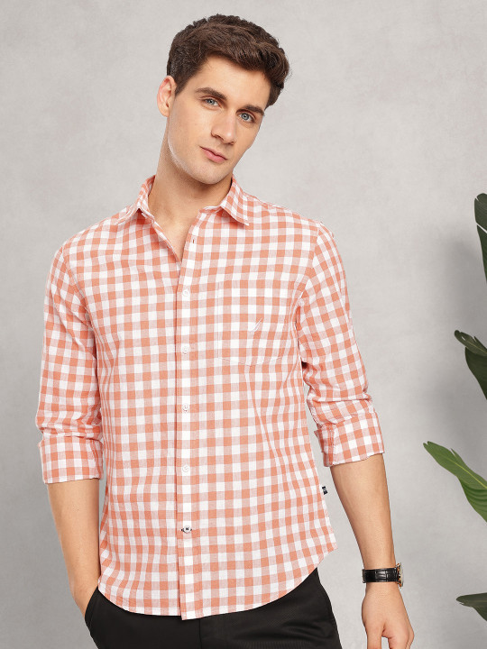 Slim Fit Gingham Checks Cotton Linen Casual Shirt