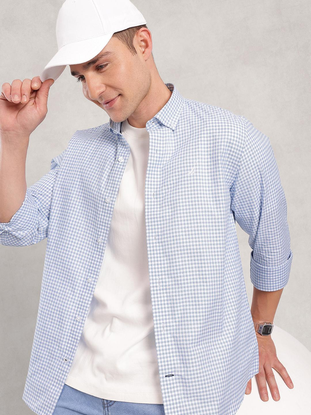 Pure Cotton Button-Down Collar Slim Fit Gingham Checks Casual Shirt